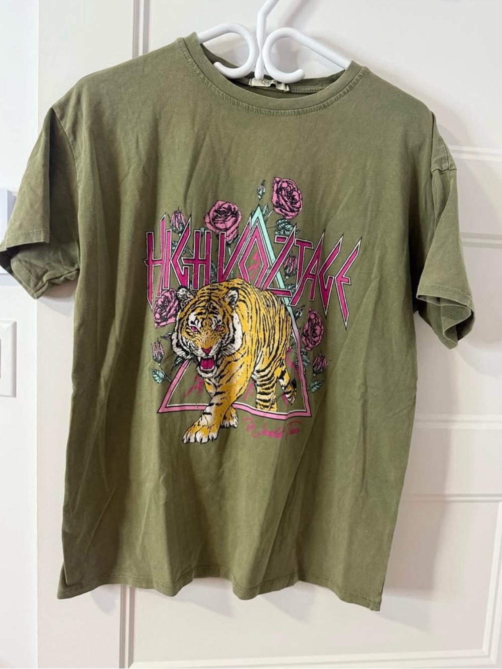Olive Graphic Tiger Tee with Pink Accents Cotton
